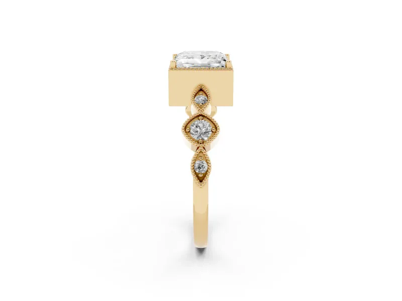 Princess Cut Vintage Milgrain Engagement Ring Setting | Marquise and Square Stations | Yellow Gold