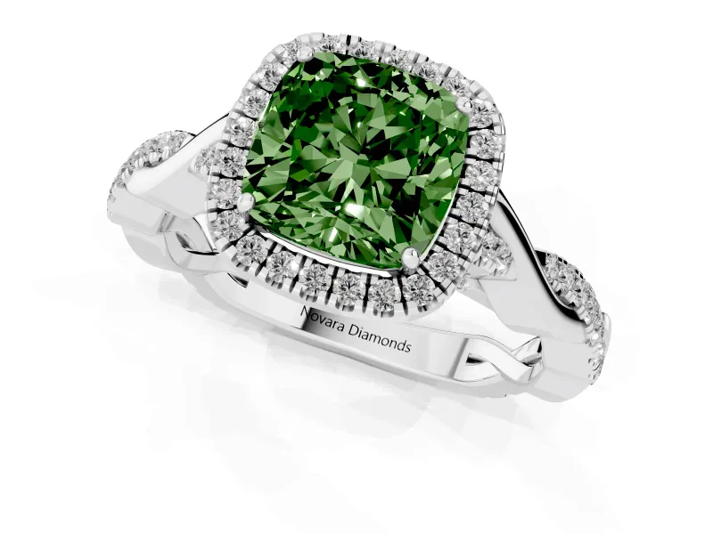 Cushion Cut Twist Halo Engagement Ring Setting for a Fancy Green Lab-Grown Diamond | Platinum