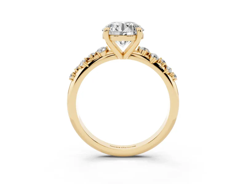 Round Cut Diamond Solitaire Vine Band Ring Set in Yellow gold with Round Accents and Prong Setting