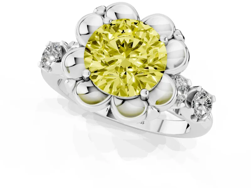 Round Floral Engagement Ring Setting for a Fancy Yellow Lab-Grown Diamond | Petal Frame | Platinum