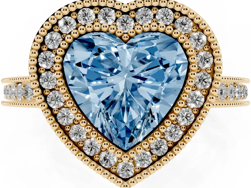 Heart-Shaped Milgrain Halo Engagement Ring Setting for a Fancy Blue Lab-Grown Diamond | Yellow Gold