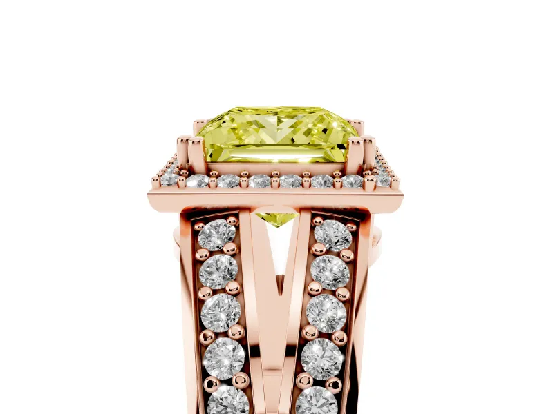 Princess Cut Halo Engagement Ring Setting for a Fancy Yellow Lab-Grown Diamond | Two-Row Pave Split Shank | Rose Gold
