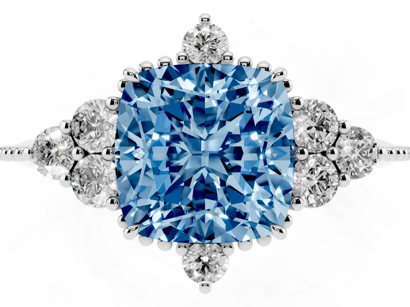 Cushion Cut Cluster Engagement Ring Setting for a Fancy Blue Lab-Grown Diamond | Platinum