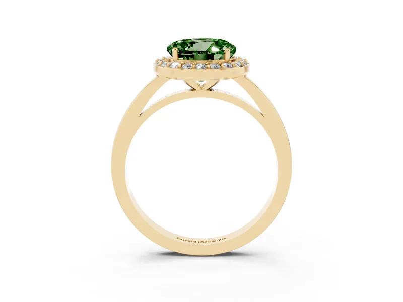 Round Thin Halo Low Profile Engagement Ring Setting for a Fancy Green Lab-Grown Diamond | Slim Plain Band | Yellow Gold