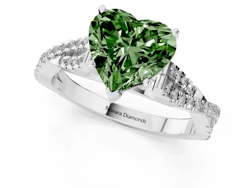 Fancy Green Heart Cut Diamond Solitaire Engagement Ring Set in Platinum with Twisted Pavé Band and Prong Setting