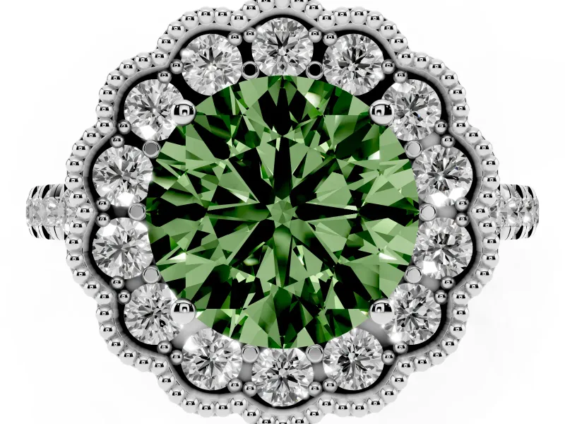 Fancy Green Round Cut Diamond Milgrain Floral Halo Engagement Ring Set in Platinum with Pavé Band