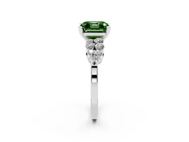 Fancy Green Asscher Cut Diamond Cluster Engagement Ring Set in Platinum with Pavé Band and Prong Setting