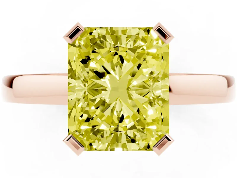 Fancy Yellow Radiant Cut Diamond Solitaire Ring Set in Rose gold with Prong Head and Smooth Polished Band