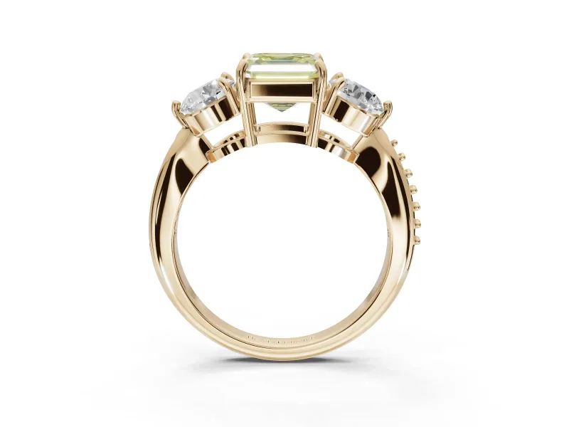 Asscher Cut Three Stone Engagement Ring Setting for a Fancy Yellow Lab-Grown Diamond | Tapered Pave Band | Yellow Gold