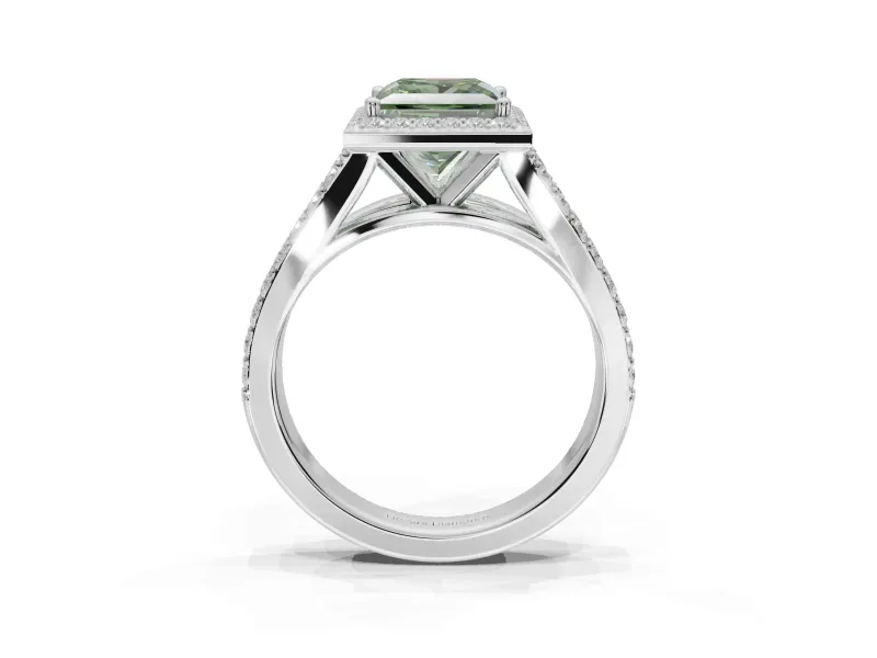 Princess Cut Halo Pavé Engagement Ring Setting for a Fancy Green Lab-Grown Diamond | Narrow Split Shank | White Gold