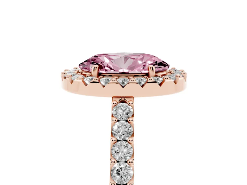 Fancy Pink Oval Cut Diamond Halo Pavé Solitaire Ring Set in Rose gold with Prong-Set Center Stone