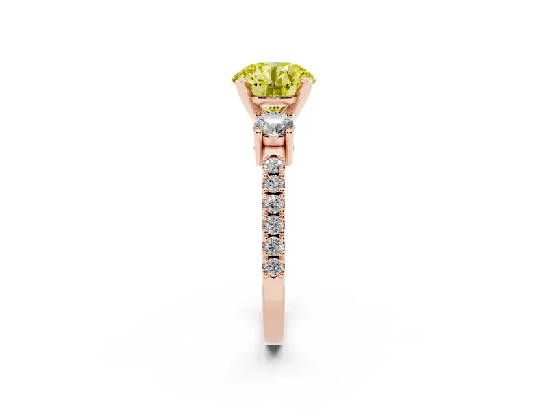 Round Three Stone Pavé Engagement Ring Setting for a Fancy Yellow Lab-Grown Diamond | Round Side Stones | Rose Gold