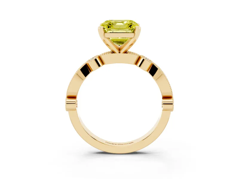 Fancy Yellow Asscher Cut Diamond Solitaire Engagement Ring Set in Yellow gold with Milgrain Bezel Accent Band