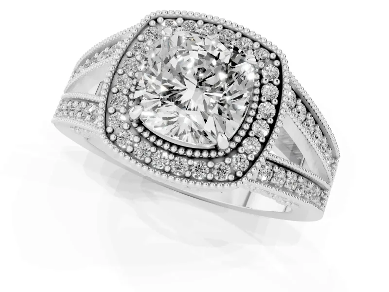 Cushion Cut Vintage Milgrain Halo Engagement Ring Setting | Pave Split Shank | White Gold