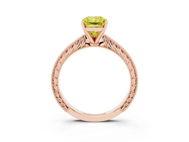Fancy Yellow Radiant Cut Diamond Solitaire Milgrain Engraved Band Set in Rose gold with Prong Setting