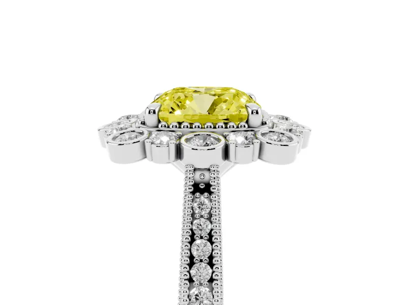 Fancy Yellow Cushion Cut Diamond Halo Milgrain Pavé Ring Set in Silver with Prong Setting