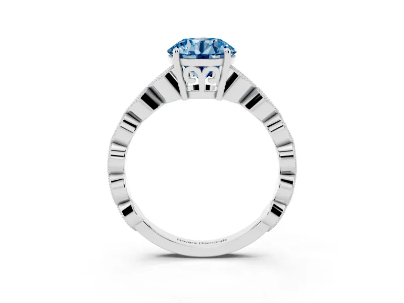 Fancy Blue Round Cut Diamond Solitaire Ring Set in White gold with Infinity Twist Pavé Band