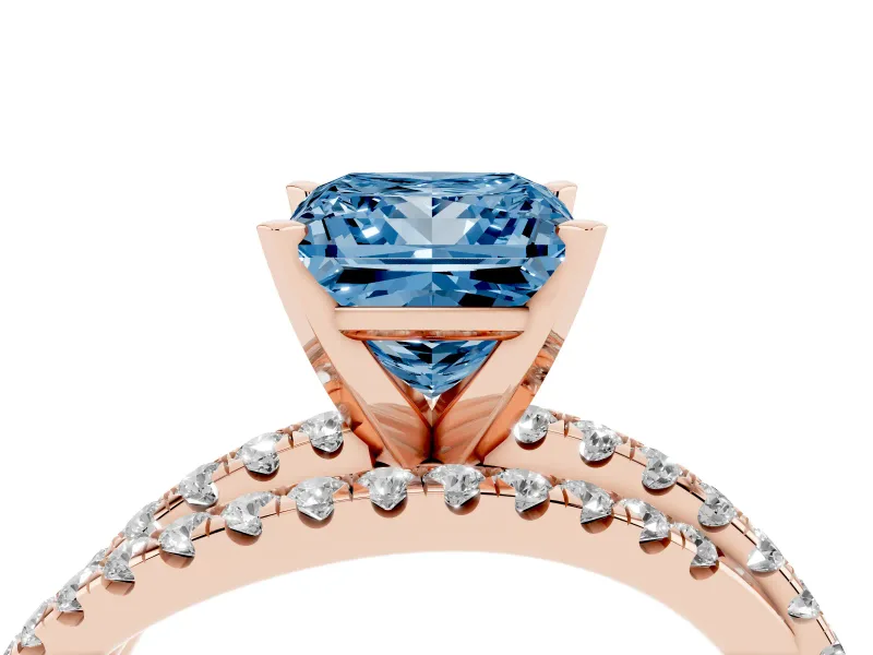 Fancy Blue Princess Cut Diamond Solitaire Twist Band Ring Set in Rose gold with Pavé Setting and Prong Head