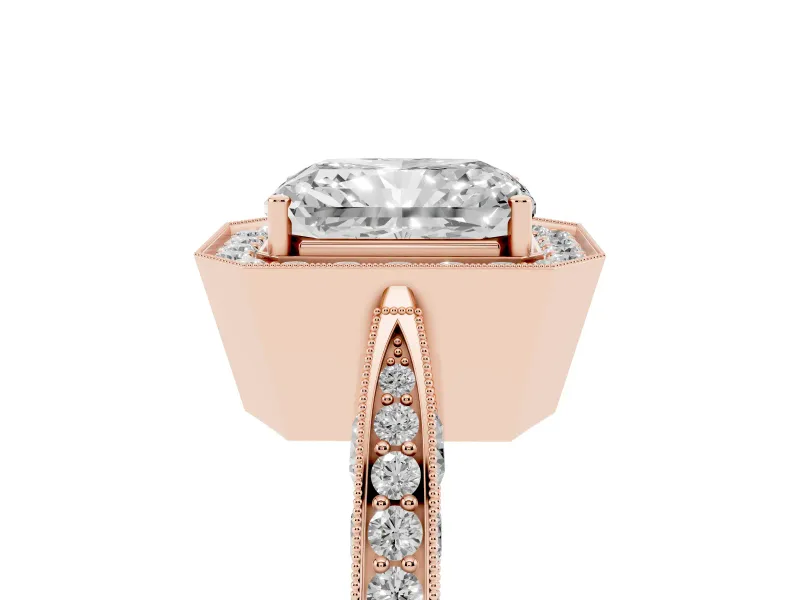 Radiant Cut Vintage Milgrain Halo Engagement Ring Setting | Side Stones and Pave | Rose Gold
