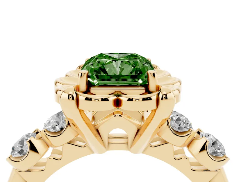 Fancy Green Radiant Cut Diamond Floral Halo Ring Set in Yellow gold with Shared Prong Band