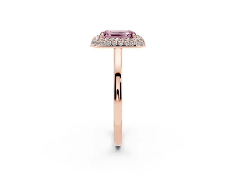 Fancy Pink Emerald Cut Diamond Halo Engagement Ring Set in Rose gold with Solitaire Band and Prong Setting