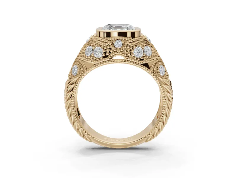 Asscher Cut Vintage Bezel Engagement Ring Setting | Beaded Paisley Shoulders | Yellow Gold