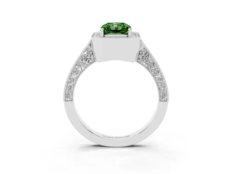 Radiant Cut Milgrain Halo Engagement Ring Setting for a Fancy Green Lab-Grown Diamond | Side Stones | White Gold