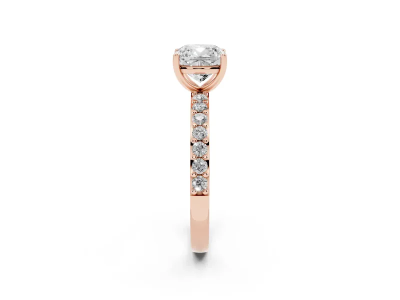 Cushion Cut Diamond Solitaire Set in Rose gold with Round Pavé Band and Prong Setting