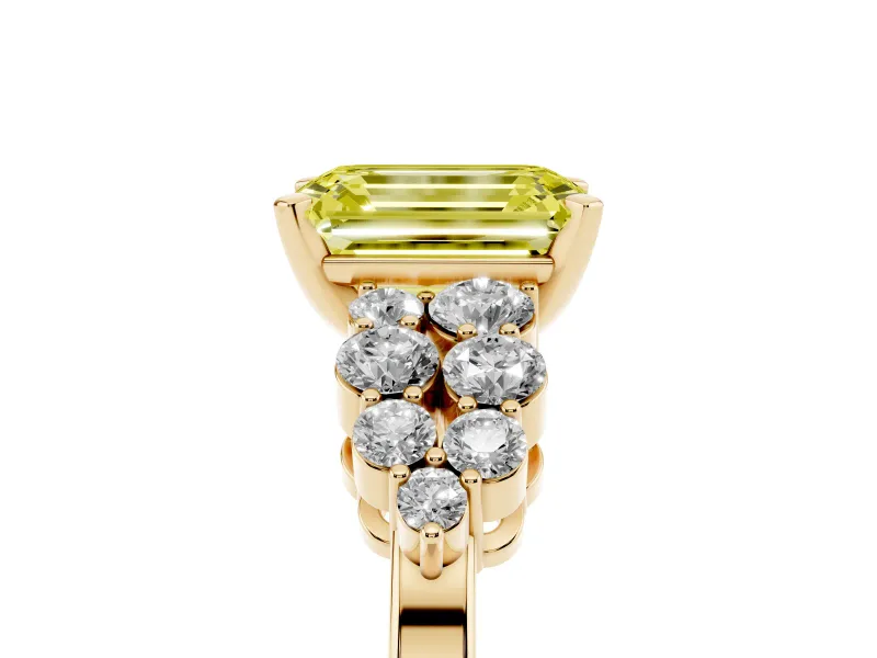 Emerald Cut Side Stone Engagement Ring Setting for a Fancy Yellow Lab-Grown Diamond | Shoulder Clusters | Yellow Gold