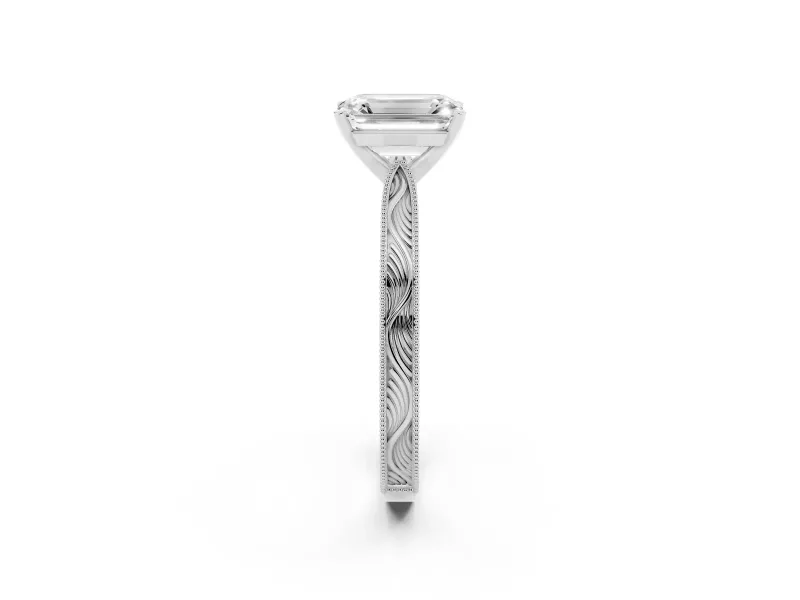 Emerald Cut Diamond Solitaire Milgrain Engraved Band Set in Silver with Prong Setting