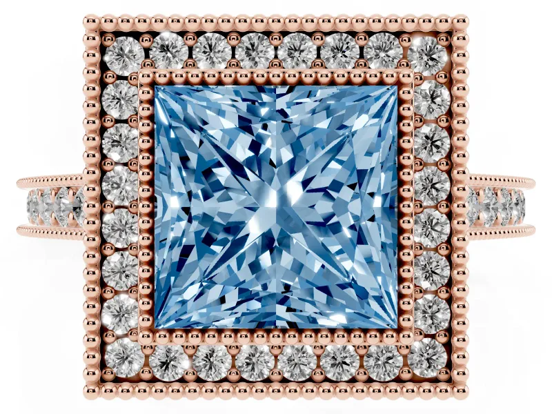 Princess Cut Vintage Milgrain Halo Engagement Ring Setting for a Fancy Blue Lab-Grown Diamond | Bezel Head | Rose Gold