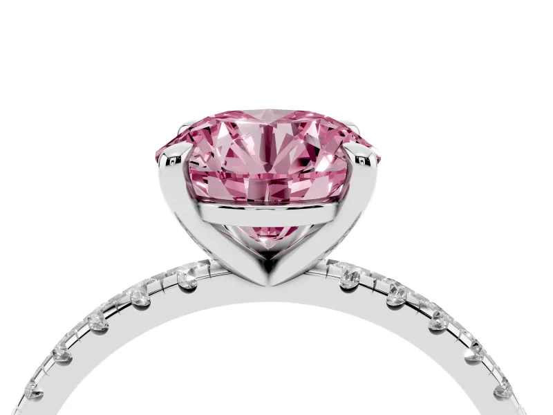 Fancy Pink Round Cut Diamond Brilliant Solitaire Ring Set in Platinum with Pavé Band and Prong Setting