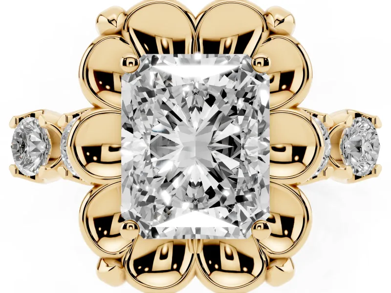 Radiant Cut Floral Engagement Ring Setting | Petal Frame and Side Stones | Yellow Gold