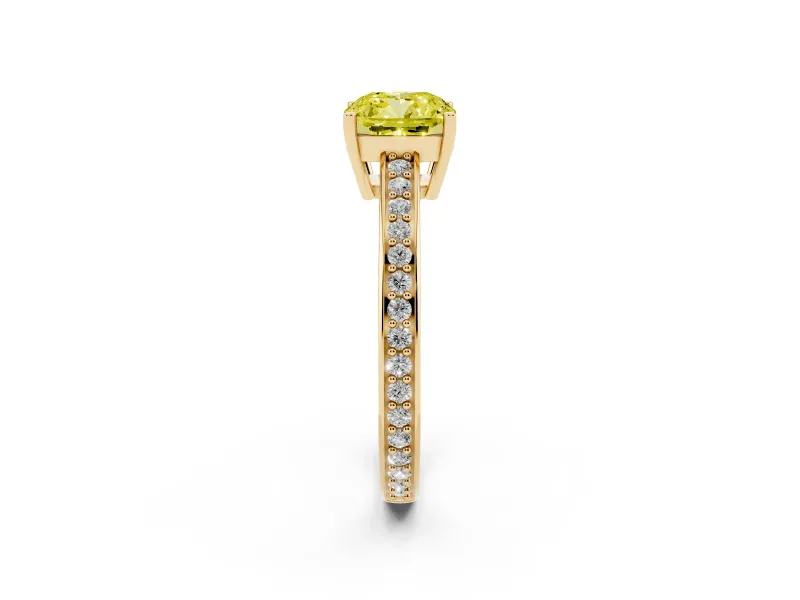 Cushion Cut Pave Solitaire Engagement Ring Setting for a Fancy Yellow Lab-Grown Diamond | Accented Basket | Yellow Gold