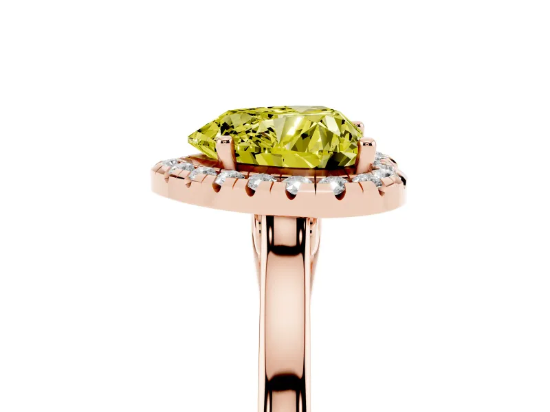 Fancy Yellow Heart Cut Halo Round Diamond Solitaire Ring Set in Rose gold with Pavé Band and Prong Setting