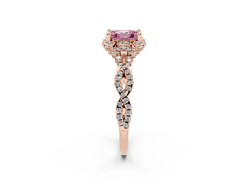 Fancy Pink Asscher Cut Diamond Halo Twist Band Solitaire Ring Set in Rose gold with Prong-Set Center Stone