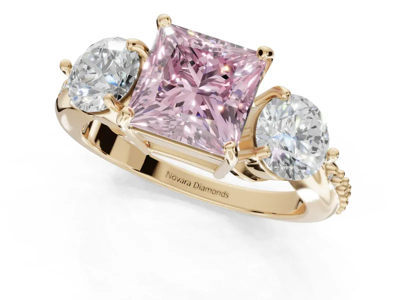 Princess Cut Three Stone Engagement Ring Setting for a Fancy Pink Lab-Grown Diamond | Tapered Pave Band | Yellow Gold