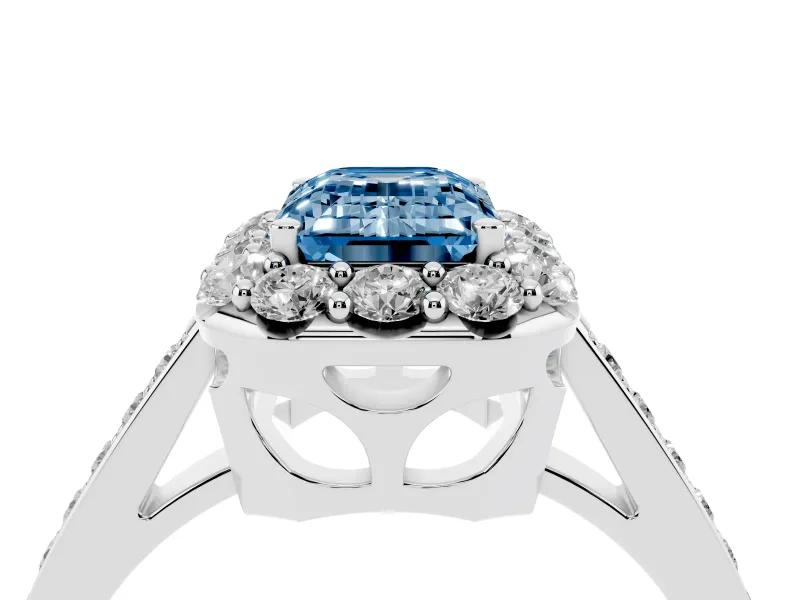 Fancy Blue Emerald Cut Diamond Floral Halo Ring Set in Silver with Pavé Band and Prong Setting