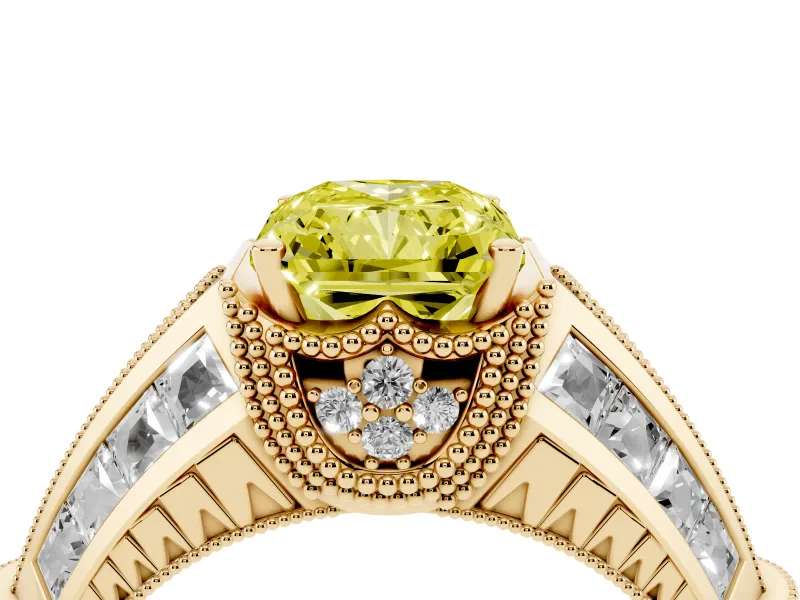 Fancy Yellow Radiant Cut Diamond Vintage-Inspired Milgrain Ring Set in Yellow gold with Accent Split Shank