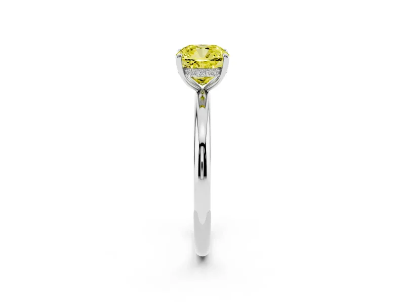 Fancy Yellow Cushion Cut Diamond Solitaire Ring Set in Silver with Thin Band and Prong Setting