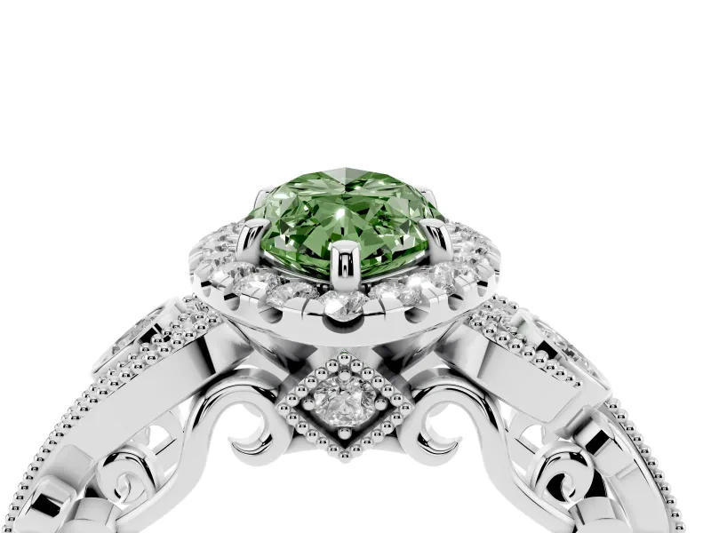 Fancy Green Marquise Cut Diamond Halo Ring Set in Platinum with Milgrain Pavé Band and Prong Setting