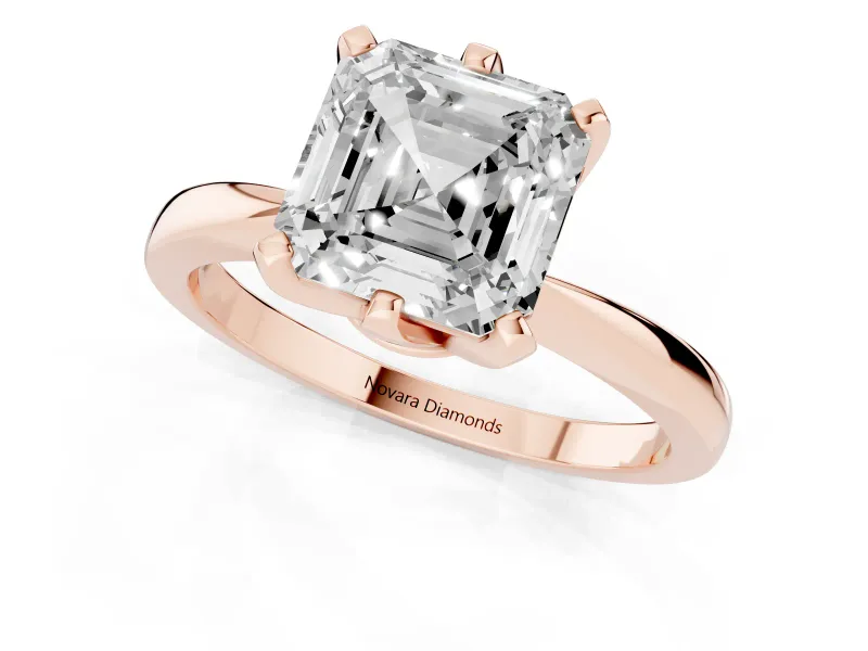 Asscher Cut Diamond Solitaire Engagement Ring Set in Rose gold with Slim Tapered Solitaire Band