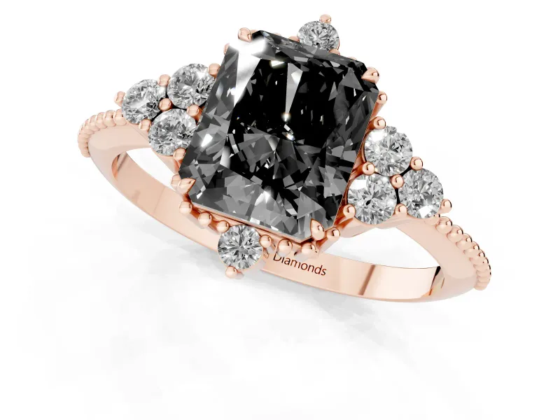Fancy Black Radiant Cut Diamond Cluster Ring Set in Rose gold with Beaded Band