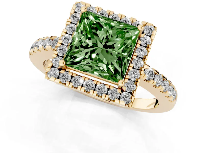Fancy Green Princess Cut Diamond Pavé Band Halo Engagement Ring Set in Yellow gold with Prong Setting