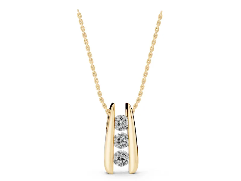 Round Lab-Grown Diamond Three-Stone Channel Set Drop Pendant | U-Shaped Base | Yellow Gold