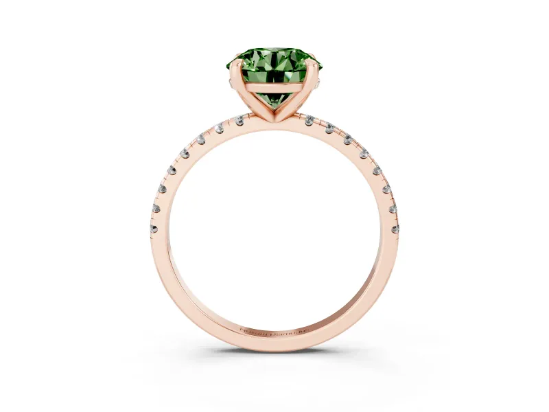 Fancy Green Round Cut Diamond Brilliant Solitaire Ring Set in Rose gold with Pavé Band and Prong Setting
