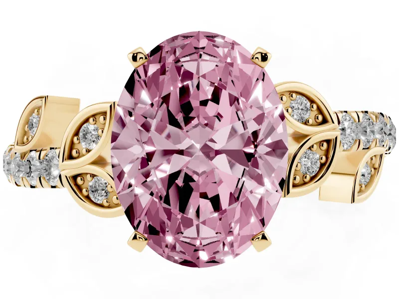 Fancy Pink Oval Cut Diamond Solitaire Leaf-Inspired Ring Set in Yellow gold with Pavé Band and Prong Setting