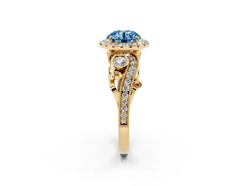 Fancy Blue Round Cut Diamond Halo Ring Set in Yellow gold with Milgrain Pavé Band and Prong Setting