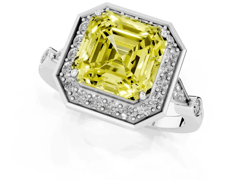 Asscher Cut Halo Engagement Ring Setting for a Fancy Yellow Lab-Grown Diamond | Bezel Station Shoulders | White Gold
