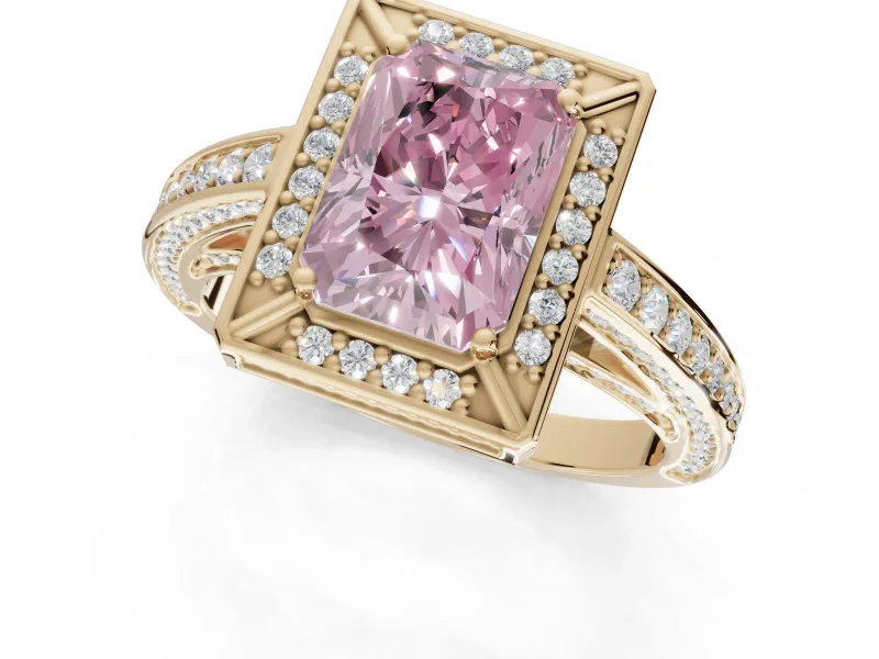 Radiant Cut Sectioned Halo Engagement Ring Setting for a Fancy Pink Lab-Grown Diamond | Yellow Gold